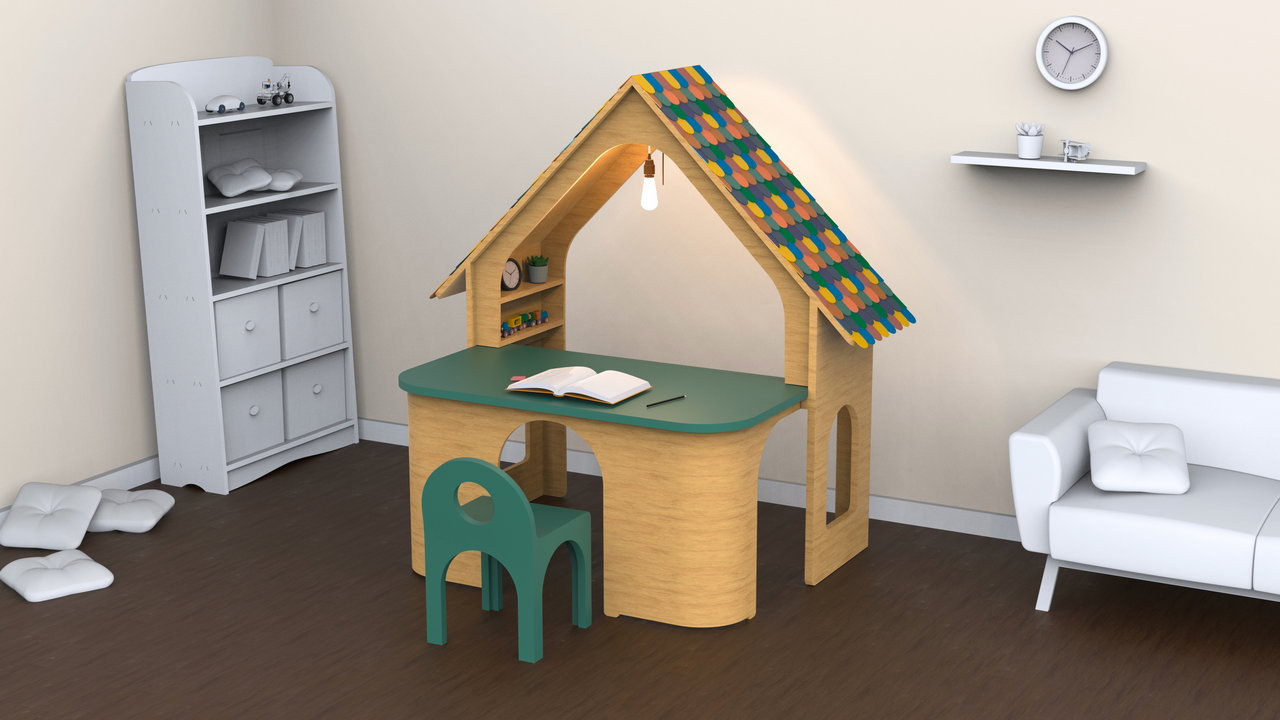 Un rendu 3d d'une maisonnette avec un toit multicolore