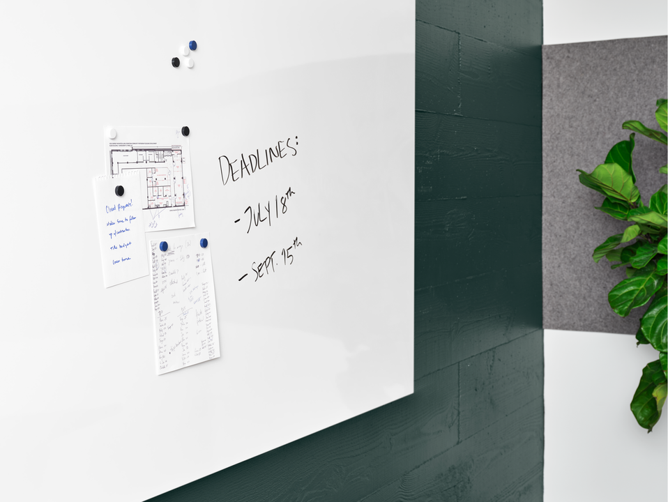 A magnetic whiteboard with due dates and important papers hanging off it.