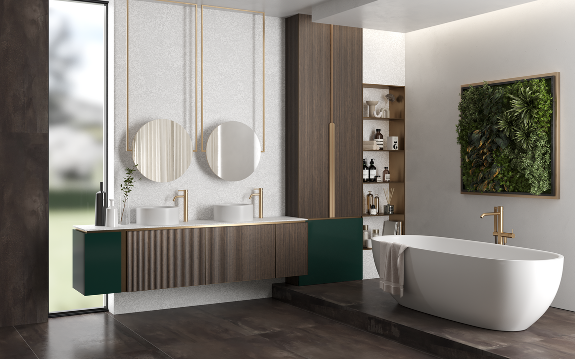 Raised bathtub with a greenery wall and a floating vanity with a double sink