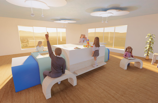 Une grande table de création avec des enfants qui dessinent et jouent autour.