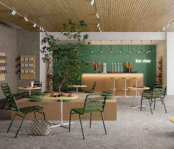 A green, tan, and beige dining space featuring earthy accents.