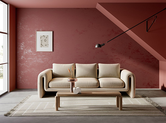 A red living room with a light-colored couch
